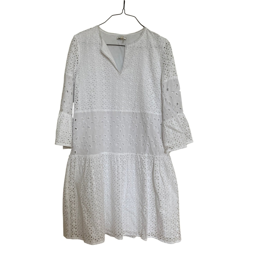 Tyler Böe White Eyelet Cotton Tiered Bell Sleeve Boho Cottagecore Dress  XS